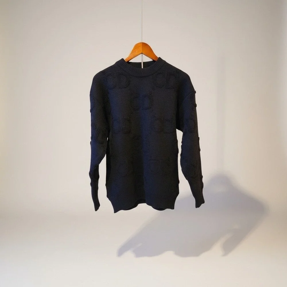 Black Textured Monogram Knit Sweater Crewneck Pullover‎ Long Sleeve Size L
